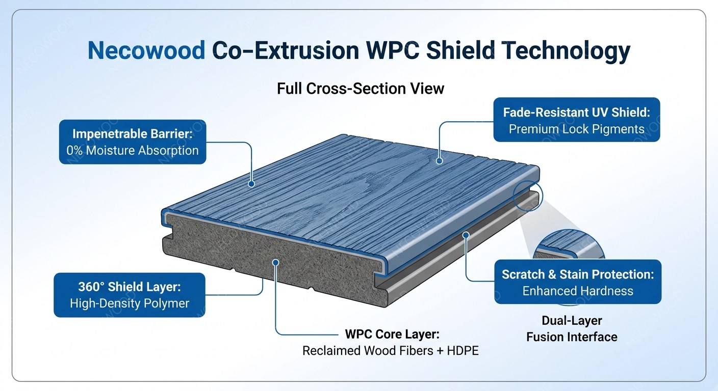 Necowood WPC 360 Degree Shield Cross-Section Technology Diagram