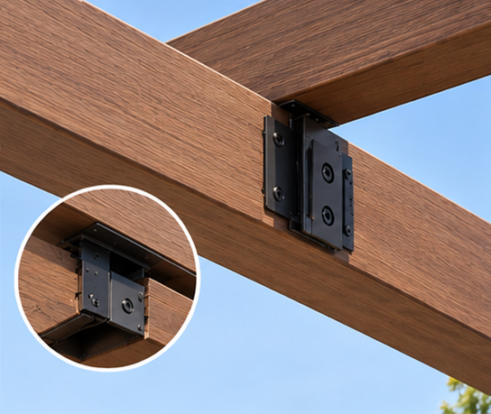 WPC pergola hidden bracket connection between rafter and beam