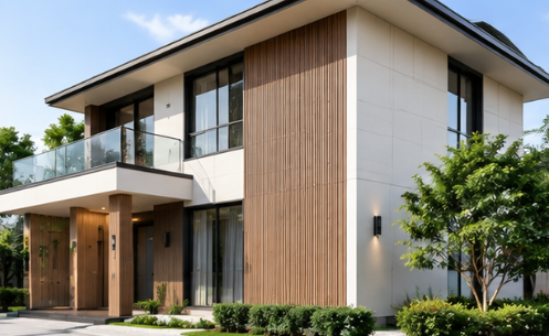 Necowood WPC wall cladding on exterior house walls